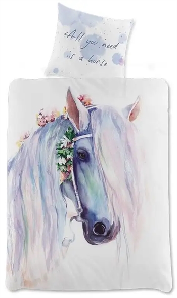 Billede af Heste sengetøj - 140x200 cm - Smuk hest med blomster - Vendbar sengesæt - 100% bomuld hos Shopdyner.dk